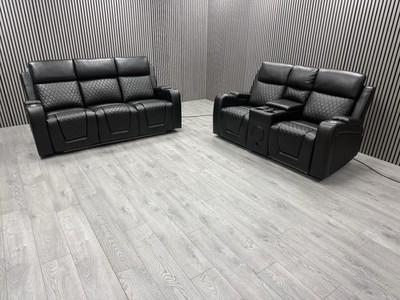 3+2 SEATER SOFA SET IN BLACK TECH LEATHER LED ELECTRIC RECLINER PULL DOWN TABLE