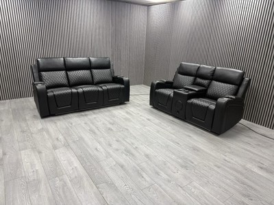 3+2 SEATER SOFA SET IN BLACK TECH LEATHER LED ELECTRIC RECLINER PULL DOWN TABLE