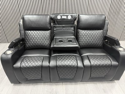 3+2 SEATER SOFA SET IN BLACK TECH LEATHER LED ELECTRIC RECLINER PULL DOWN TABLE