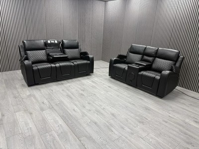 3+2 SEATER SOFA SET IN BLACK TECH LEATHER LED ELECTRIC RECLINER PULL DOWN TABLE