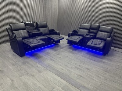 3+2 SEATER SOFA SET IN BLACK TECH LEATHER LED ELECTRIC RECLINER PULL DOWN TABLE