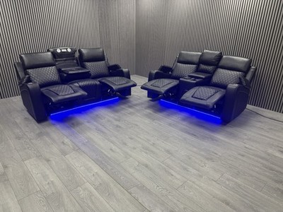 3+2 SEATER SOFA SET IN BLACK TECH LEATHER LED ELECTRIC RECLINER PULL DOWN TABLE