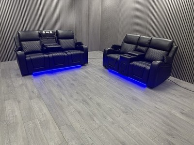 3+2 SEATER SOFA SET IN BLACK TECH LEATHER LED ELECTRIC RECLINER PULL DOWN TABLE