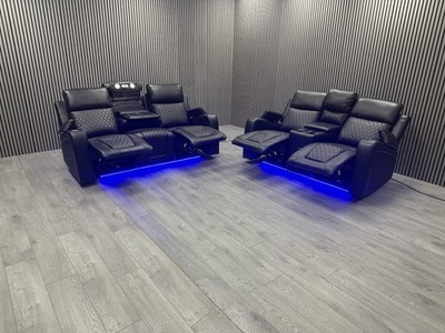 3+2 SEATER SOFA SET IN BLACK TECH LEATHER LED ELECTRIC RECLINER PULL DOWN TABLE