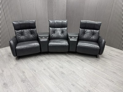 DFS CINEMA SOFA IN GREY LEATHER ELECTRIC RECLINER HEADREST CUP HOLDER WIRELESS