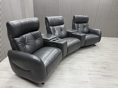 DFS CINEMA SOFA IN GREY LEATHER ELECTRIC RECLINER HEADREST CUP HOLDER WIRELESS