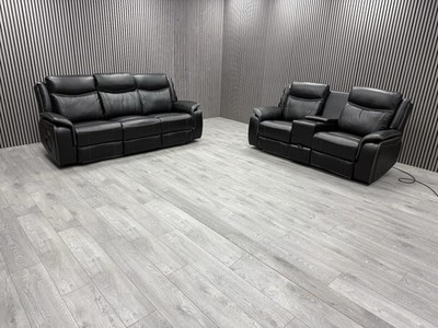 3+2 SEATER SOFA SET IN BLACK TECH LEATHER ELECTRIC RECLINER BLUETOOTH LED USB-C