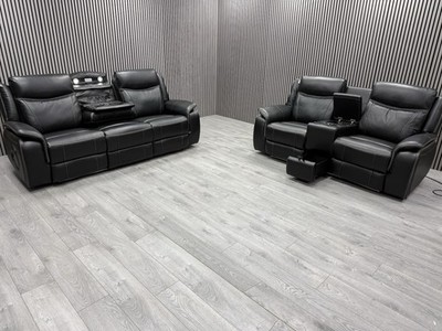 3+2 SEATER SOFA SET IN BLACK TECH LEATHER ELECTRIC RECLINER BLUETOOTH LED USB-C
