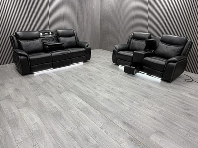 3+2 SEATER SOFA SET IN BLACK TECH LEATHER ELECTRIC RECLINER BLUETOOTH LED USB-C