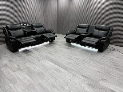3+2 SEATER SOFA SET IN BLACK TECH LEATHER ELECTRIC RECLINER BLUETOOTH LED USB-C