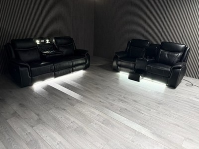 3+2 SEATER SOFA SET IN BLACK TECH LEATHER ELECTRIC RECLINER BLUETOOTH LED USB-C