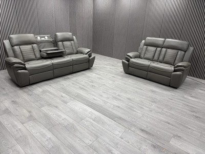 3+2 SEATER SOFA SET TECH LEATHER ELECTRIC RECLINER LED PULL DOWN TABLE CUP HOLDE