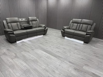 3+2 SEATER SOFA SET TECH LEATHER ELECTRIC RECLINER LED PULL DOWN TABLE CUP HOLDE