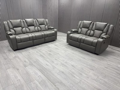 3+2 SEATER SOFA SET IN GREY TECH LEATHER ELECTRIC RECLINER LED PULL DOWN TABLE