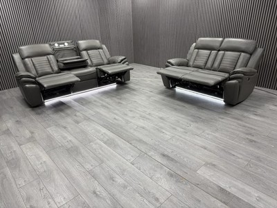 3+2 SEATER SOFA SET TECH LEATHER ELECTRIC RECLINER LED PULL DOWN TABLE CUP HOLDE
